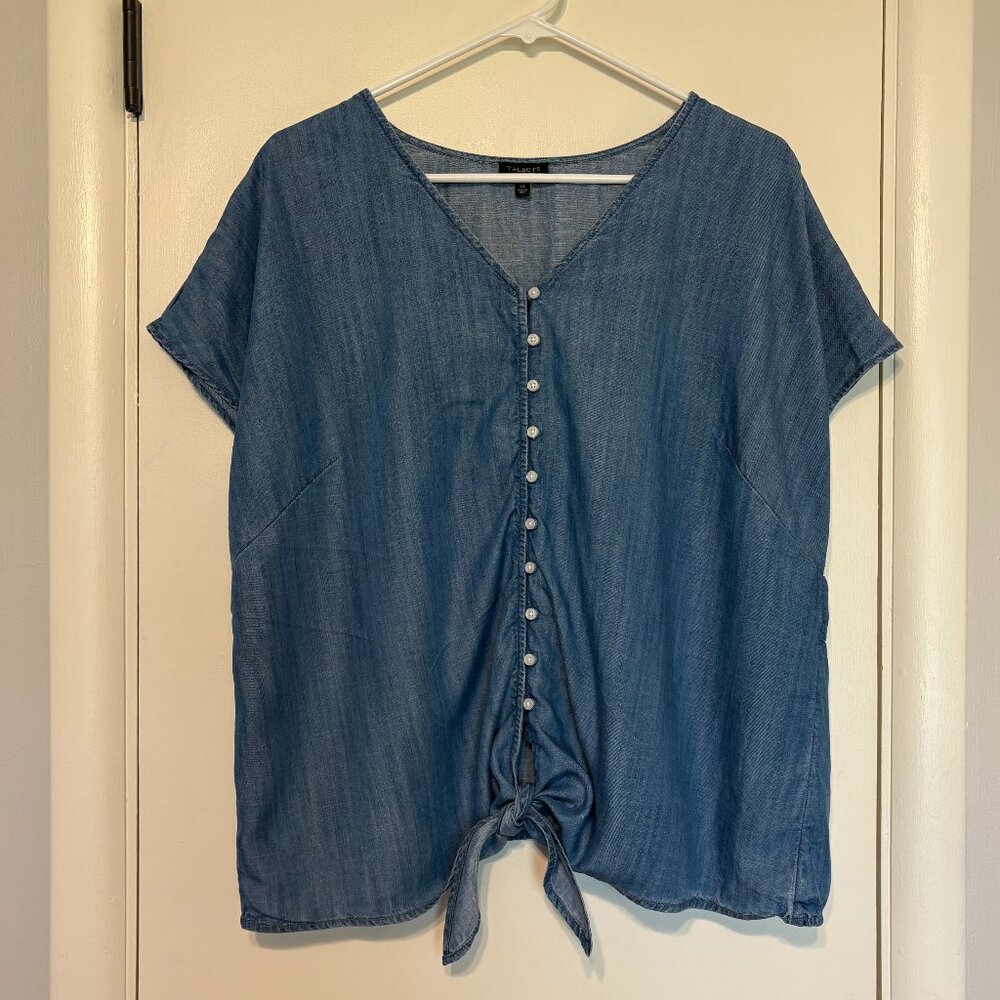 Talbots Women's S/S Blue Chambray Button-Front V-Neck Shirt Top Blouse XL